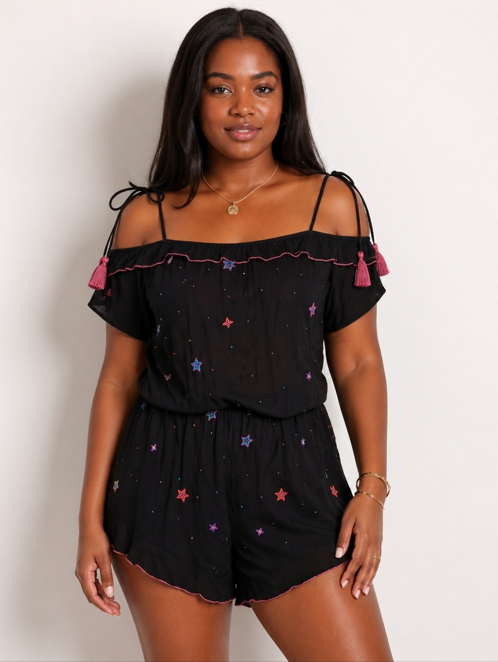 NWT Black Off-Shoulder Print Romper with Tassel Detail Size L